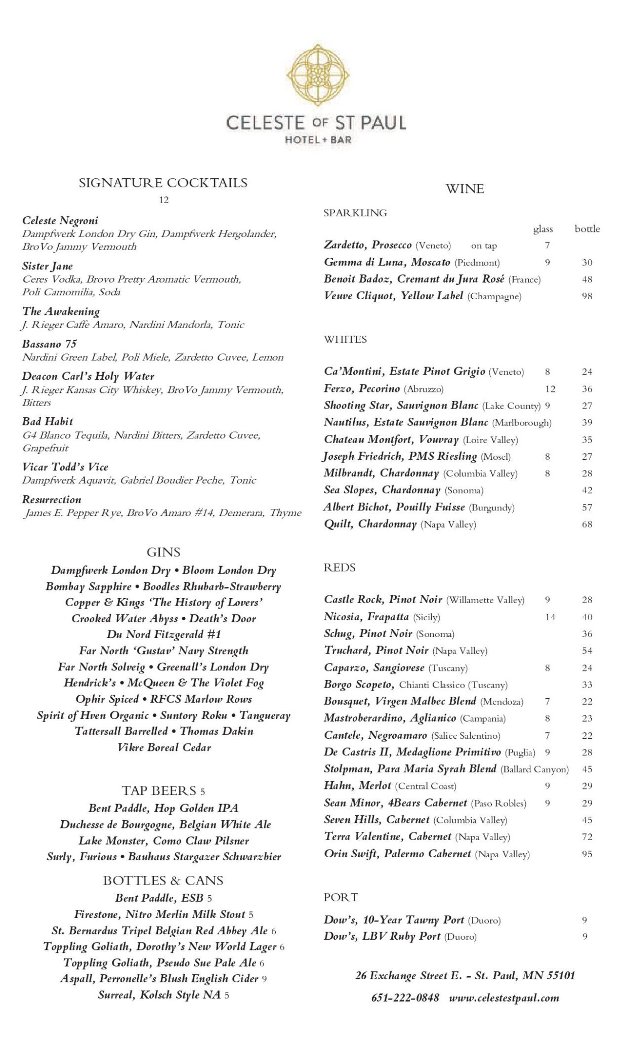 Drink Menu Celeste St. Paul