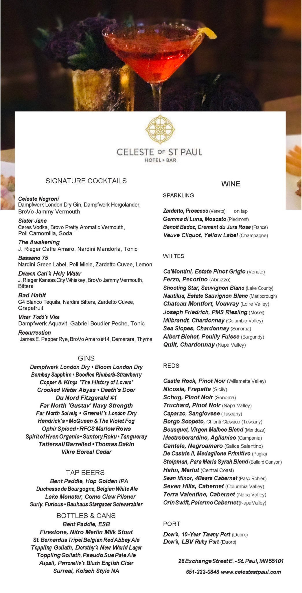 Drink Menu Celeste St Paul