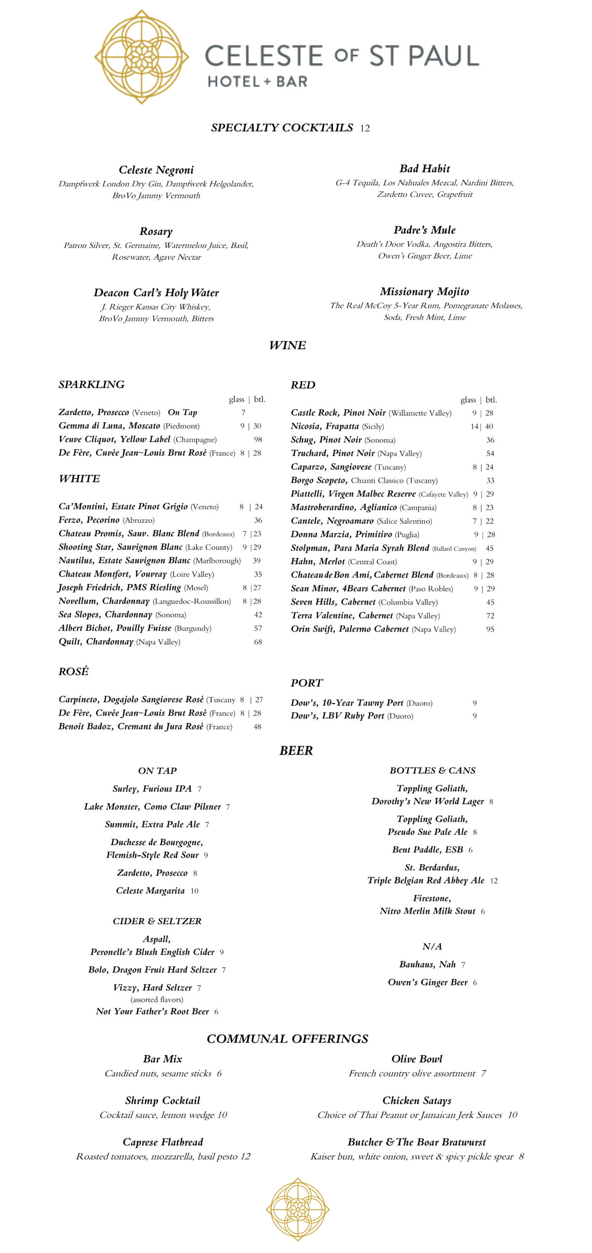Drink Menu Celeste of St. Paul Hotel + Bar